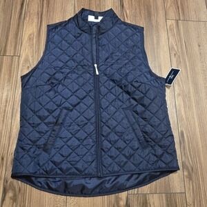Karen Scott Sport Quilted Vest Navy Blue Petite Large Zipper Pockets NEW (71)